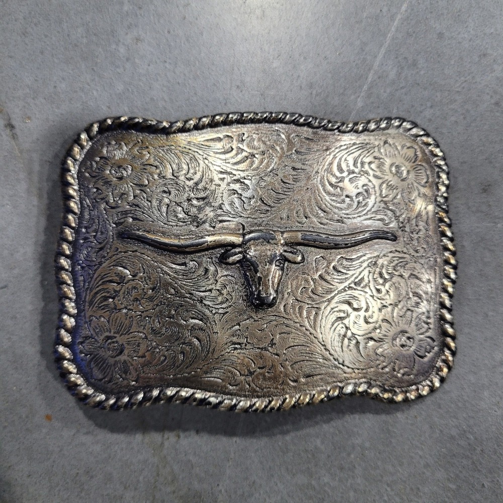 Longhorn Belt Buckle Silver Floral Western Cowboy Rodeo Engraved Tooled Ranch